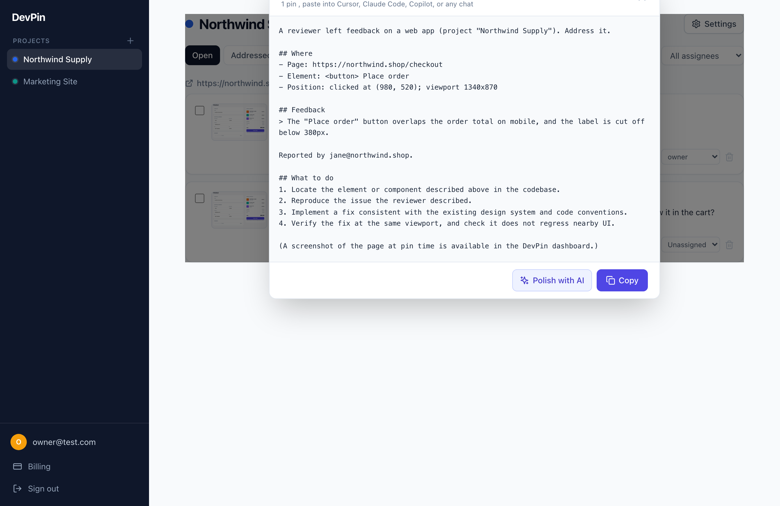 A pin turned into an AI fix prompt