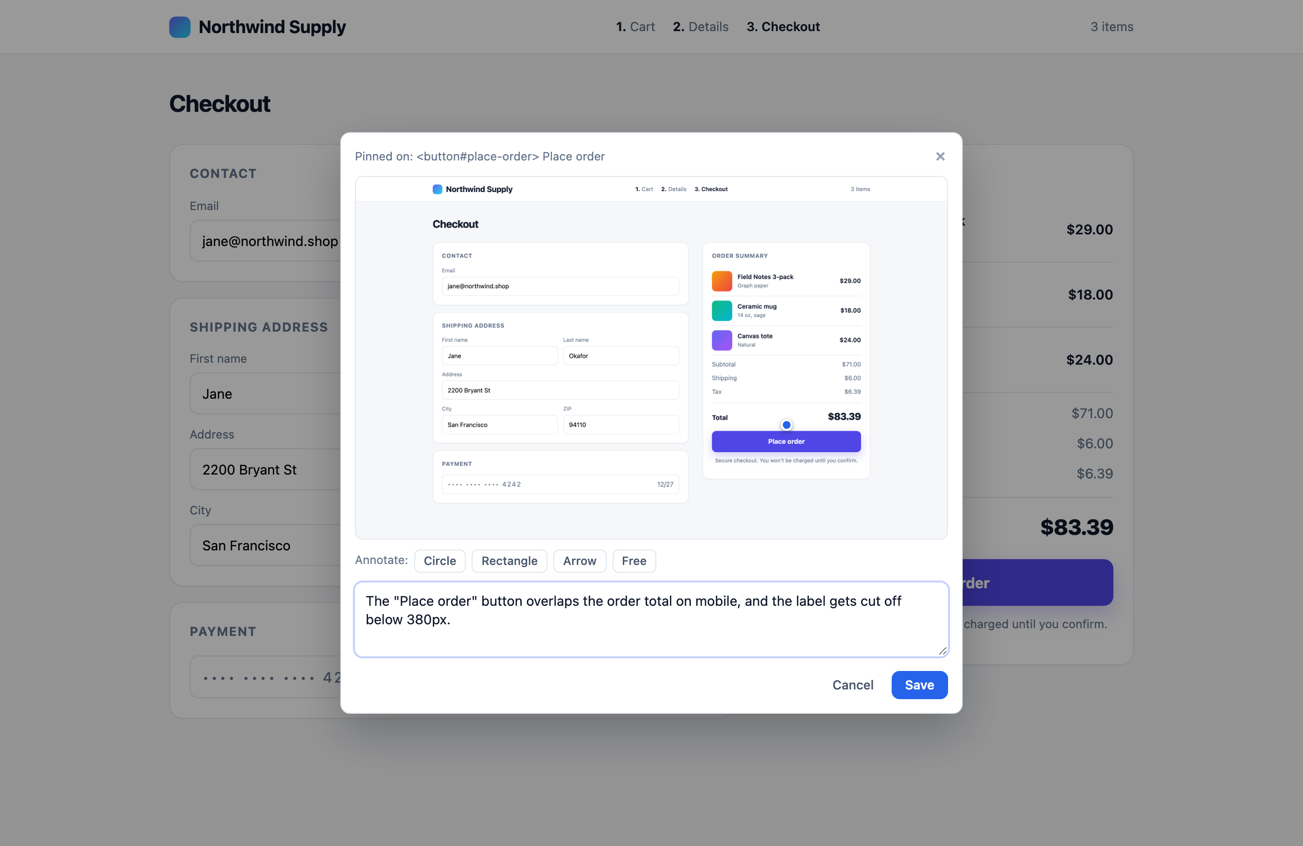 A reviewer pinning feedback on a live page
